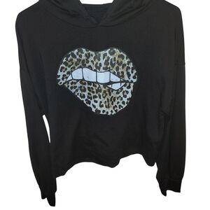 Black Leopard Print Lip Graphic Hoodie